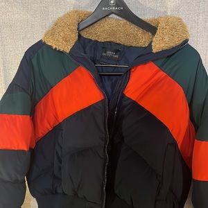 Urban Outfitters Navy blue, orange and green Puffer Jacket.
